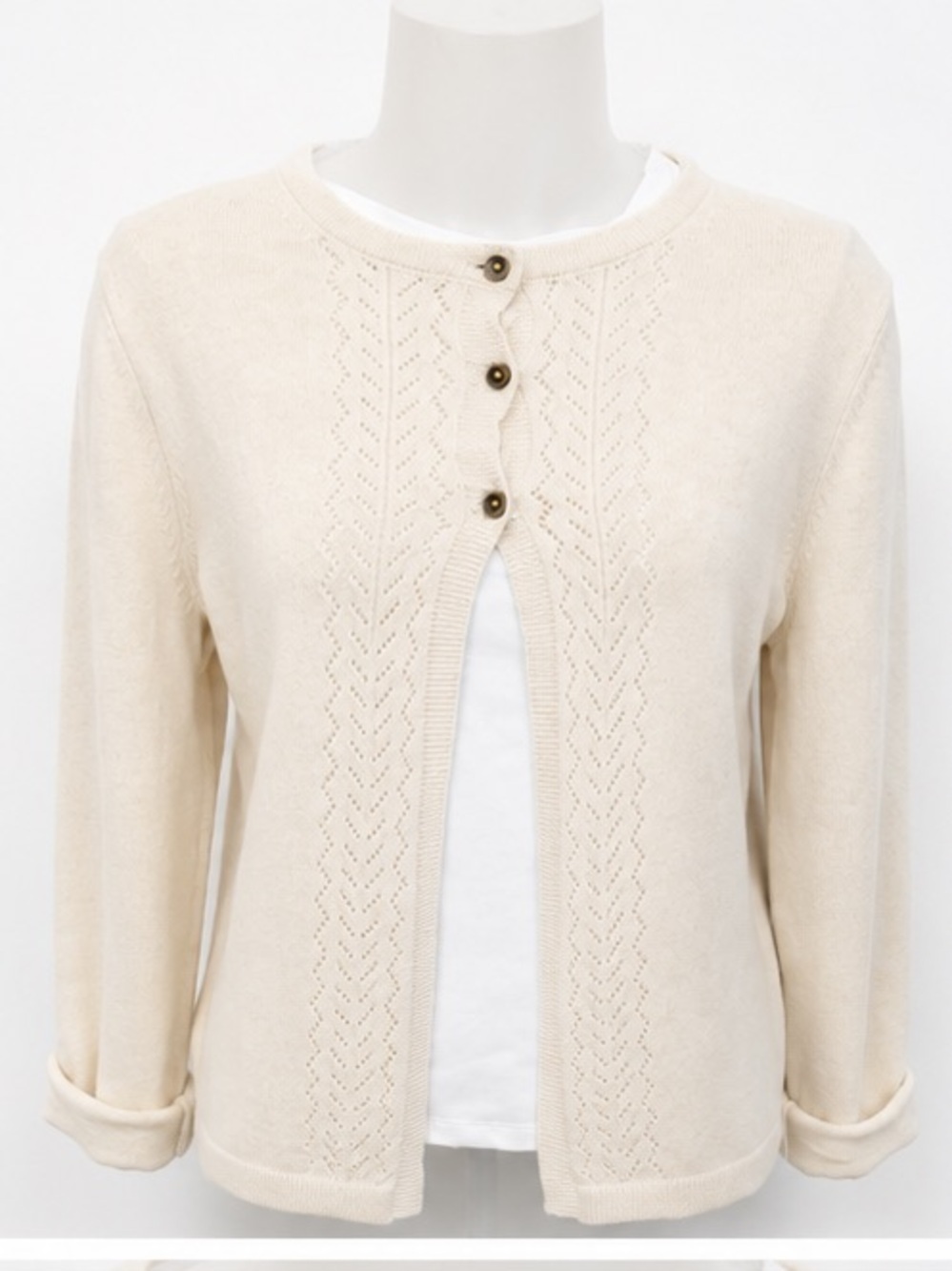 Mini Boden Pointelle Knit Cardigan Girl Size 14 Cream Cotton Eyelet Button Front